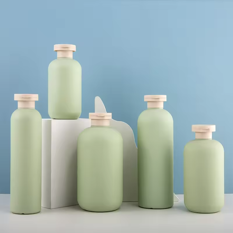 300ml to 650ml HDPE Plastic Green Round Bottle Body Wash and Body Lotion Packaging for Cosmetic Plastic Containers